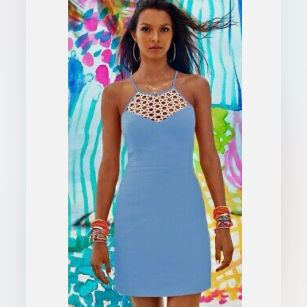Lilly Pulitzer Larina Seaspray Blue Gold Lace Yoke Shift Dress Size 0